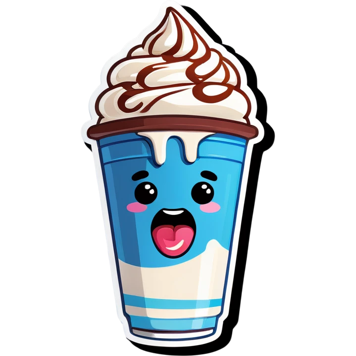 A milkshake with a face, mouth, and eyes as a fast food restaurant mascot emoji