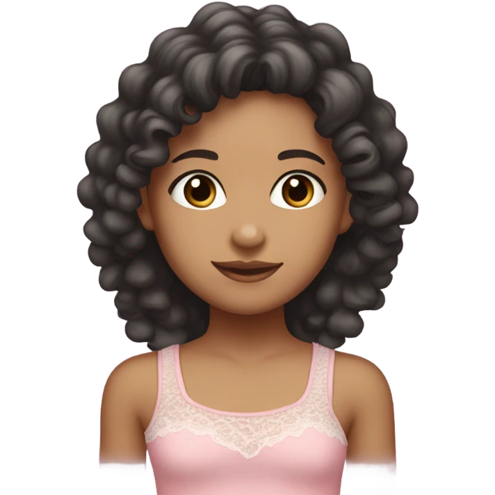 a girl emoji, mixed race, tan girl, dark grey almost black eye colour, long hair dark brown curls. Wearing a lace trim baby pink tank top with a small bow on shirt. emoji