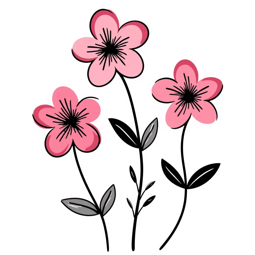 pink flowers, hand drawn, cute, detailed emoji