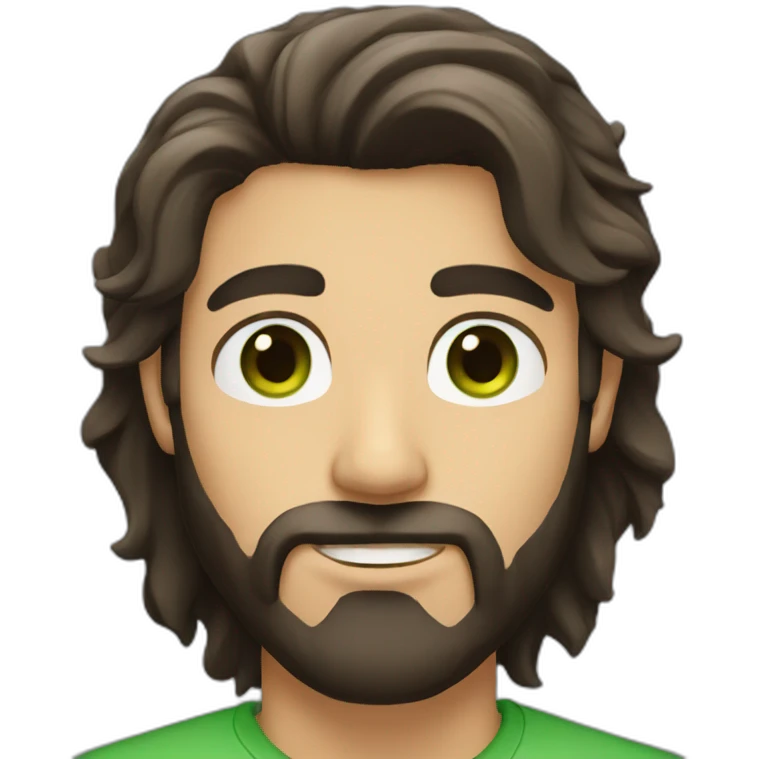 a guy with dark brown long hair green eye beard emoji
