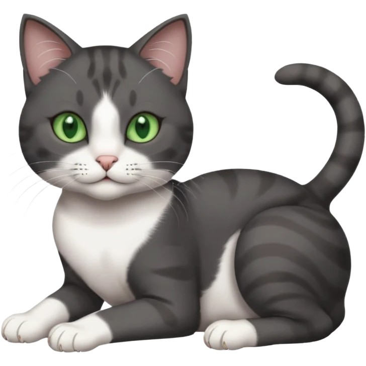 beautiful female solid dark grey cat with green eyes, white toes/paws and white patch on her chest rolling over emoji