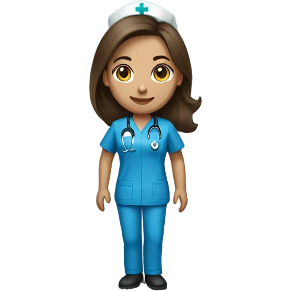 Nurse, woman, long brunette hair, blue scrubs no stethescope emoji