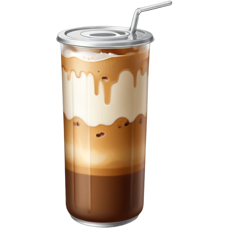A tall transparent can of iced latte with a silver pull-tab lid. Brown coffee on top with ice, smooth white milk in the middle, and a light amber syrup layer at the bottom. “MAISON MOKA” written vertically in white on the can.

 emoji