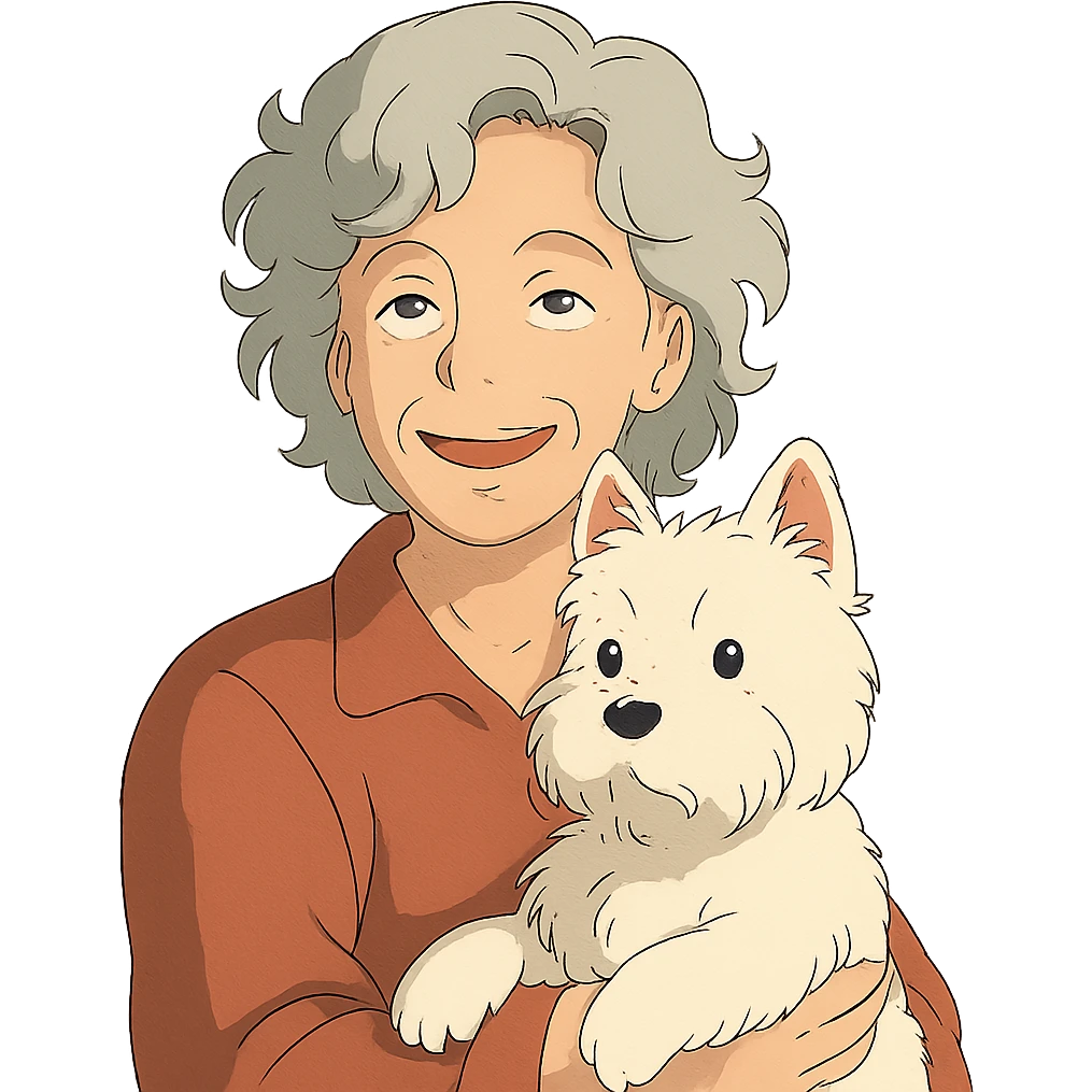 50-year-old woman with silver curly hair, smiling, with a Westie dog, ghibli style emoji