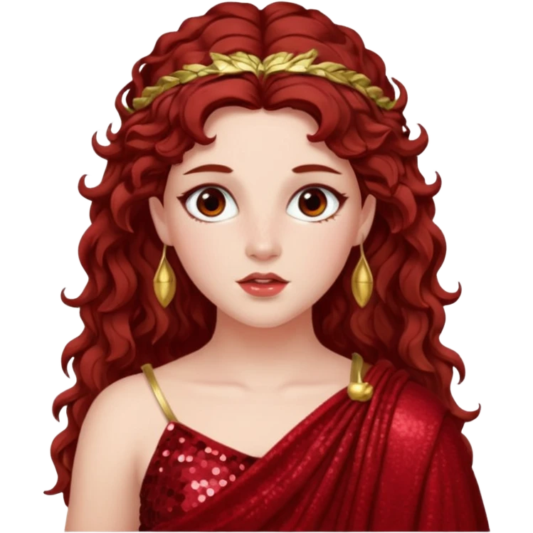 Persephone from Greek Gods with long dark auburn wavy hair, deep red sequin toga emoji
