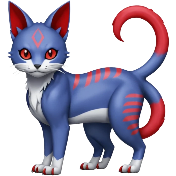 Dark-greyish-blue-grey-black, with red markings, white belly, scaley Bastet-Noibat-Gatomon-Digimon-Fakémon-Pokémon-creature (full body) emoji