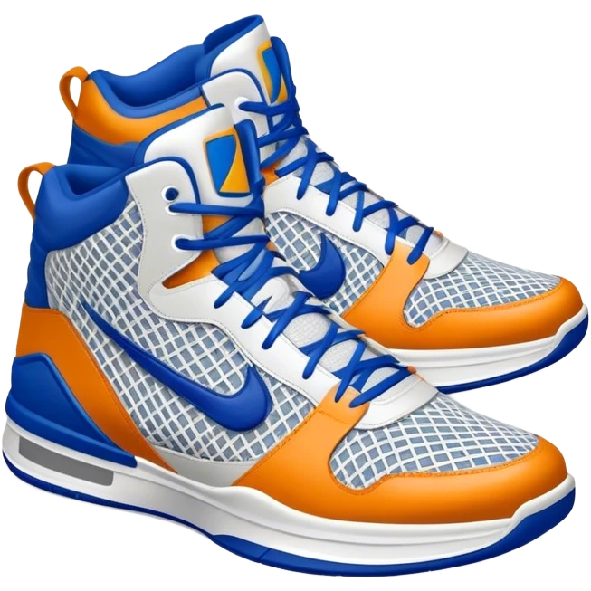 Cinematic Realistic image of a pair of basketball sneakers featuring detailed mesh and leather textures, vibrant color accents and dynamic design lines, illuminated by bold, high-energy arena lighting emoji