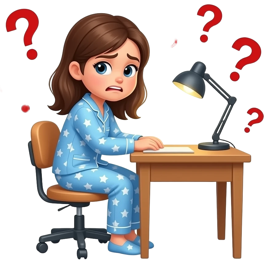 a girl in her pajama sitting at the desk turning around to us with disgusted expression and raised eyebrows - around her there are red question marks in the air and the red phrase also in the air: Ruslan emoji