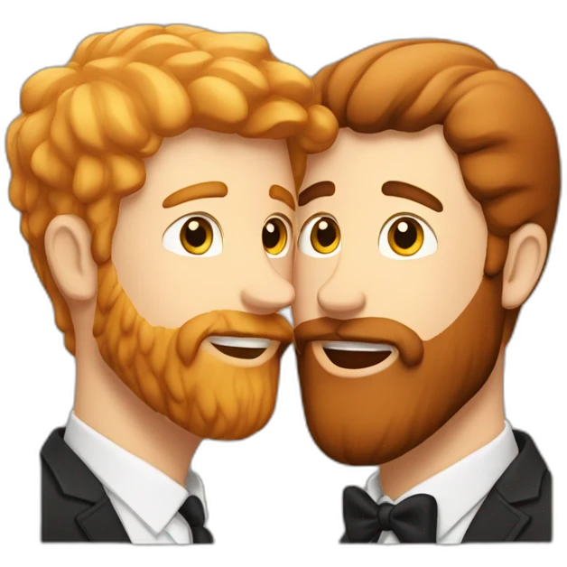 White guy with brown hair and ginger beard kissing a white guy with black hair color emoji
