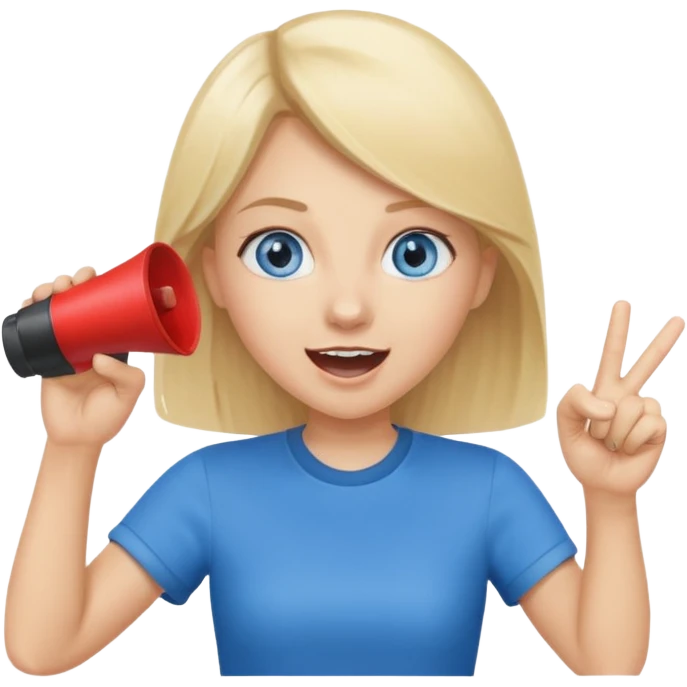 blue eyes blonde girl yelling into megaphone and holding up 1 finger in the other hand smiling emoji