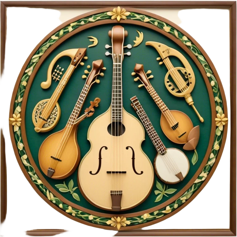 Design a complex and festive emblem-like emoji representing plucked string instruments, such as a banjo, mandolin, domra, sitar, and similar instruments. The composition should resemble a heraldic crest, with the instruments arranged symmetrically and gracefully, their necks intertwining with a flowing ribbon of musical notes. The ribbon should weave through the strings and headstocks, symbolizing the harmonious connection between the instruments. Use detailed engraving on the instrument bodies and fretboards to emphasize their craftsmanship. Incorporate rich, celebratory colors like gold, mahogany brown, deep green, and vibrant accents. Add subtle shading and light reflections to create a three-dimensional, polished look. Include ornate elements like swirls, laurel leaves, and decorative flourishes to enhance the festive and professional appearance. The background should be transparent to highlight the emblem as a standalone piece. emoji