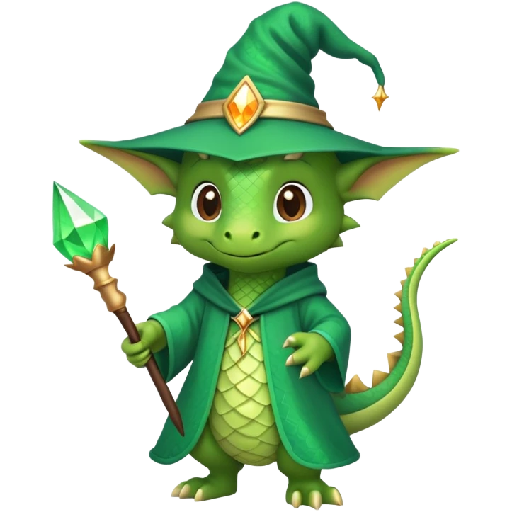 A cute dragon wearing a pointed wizard hat and robes, holding a magic wand emoji