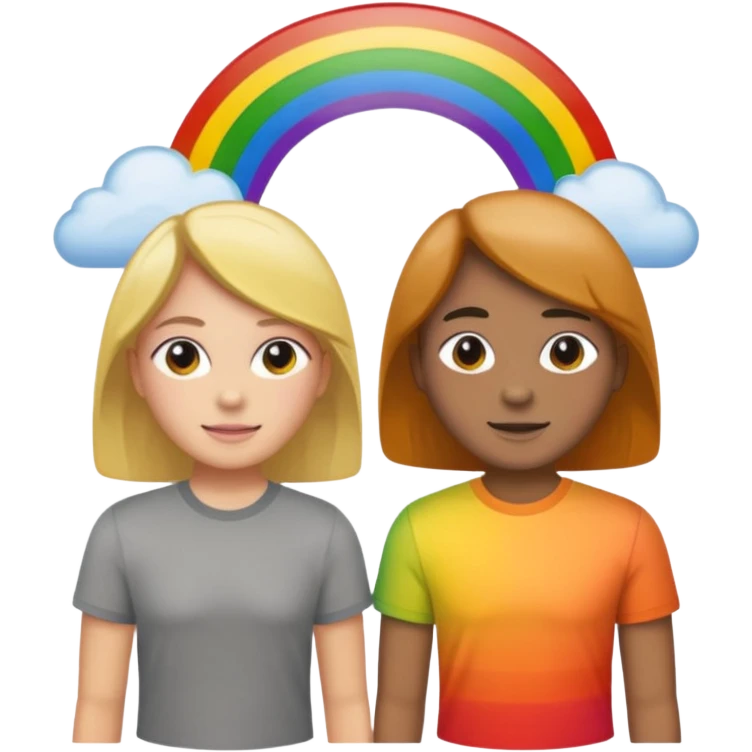 a group of 20 people with the same gray shirt on. and a rainbow behind him  emoji