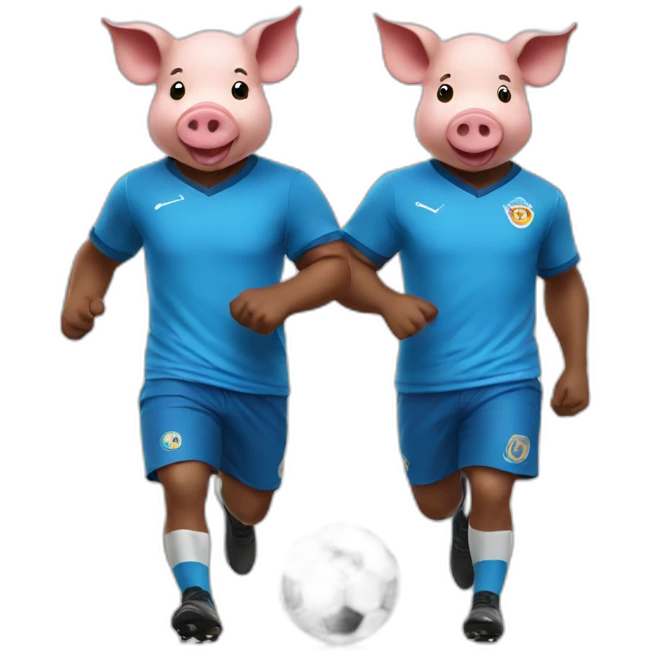 Two pigs playing soccer with a blue shirt emoji