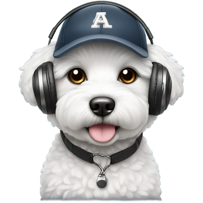 A Bichon wearing a baseball cap and headphones  emoji