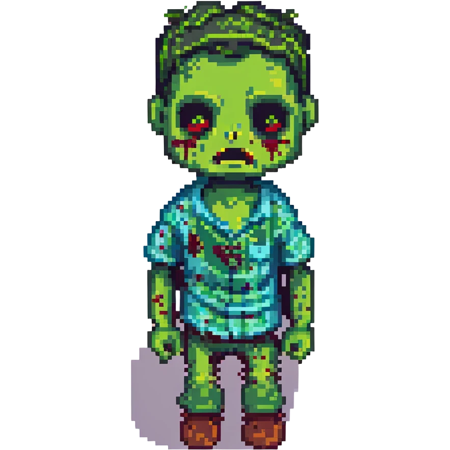 zombie boy, pixel art style, blocky features, green skin, ragged shirt emoji