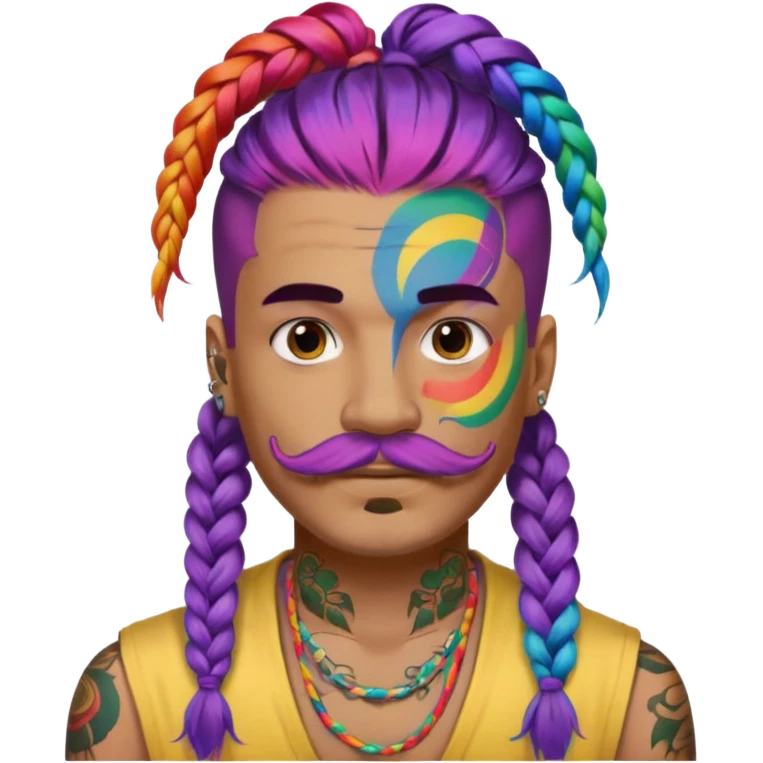 big lose braids starting from the top sides of the head hair like a unicorn man with mustache face wiith big visible loose only two braids and lots and lots of colored face tattoos colored tattoos like a tattoo artist hair unique color emoji