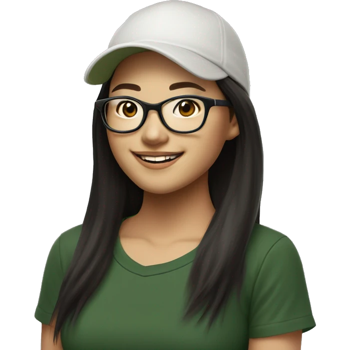 Hyper realistic, look from side, asian adult woman, light white skin, smiling with teeth, black eyes, spotted frame glasses, long brown straight hair with highlighted strands, black T-shirt, dark green cap. emoji