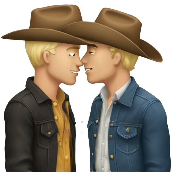 Two white gay cowboys kissing inloce emoji