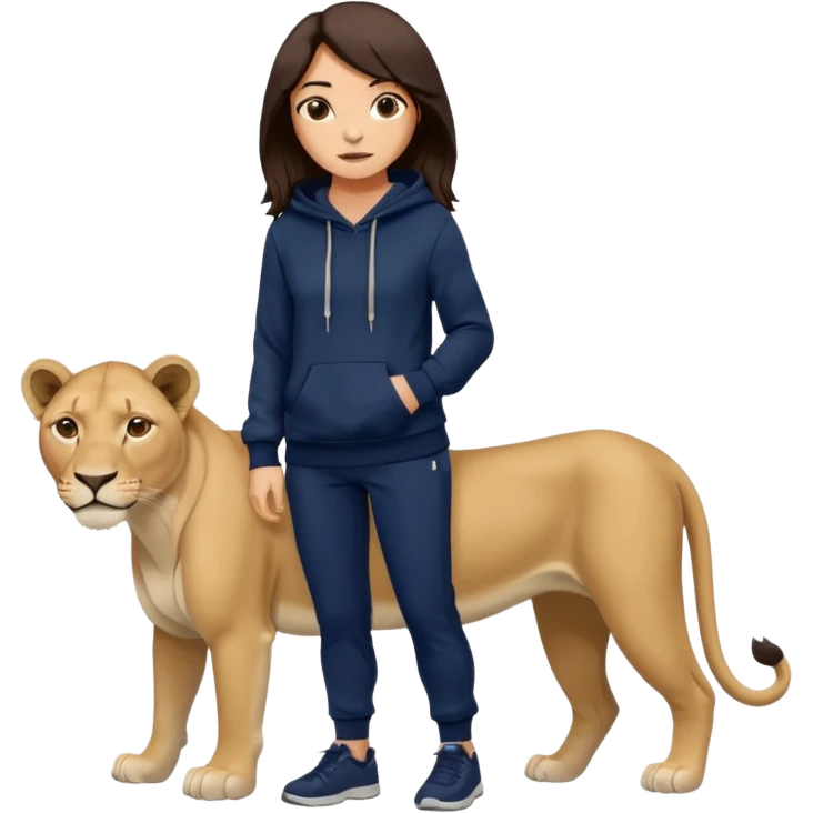 León tierno que sea mujer con pantalones guangos color azul marino y una sudadera negra con cabello suelto color castaño obscuro emoji