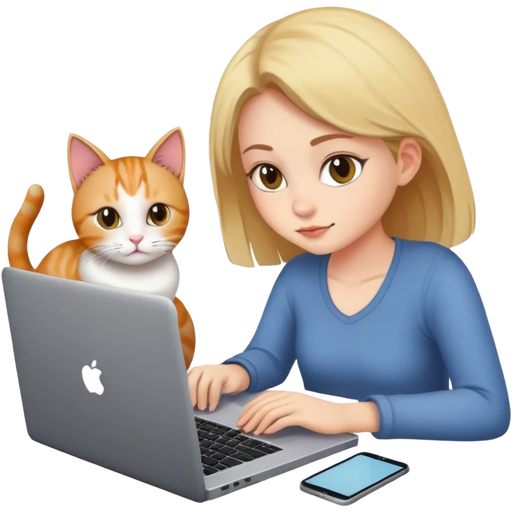 A girl is working on a laptop with a cat lying next to it emoji