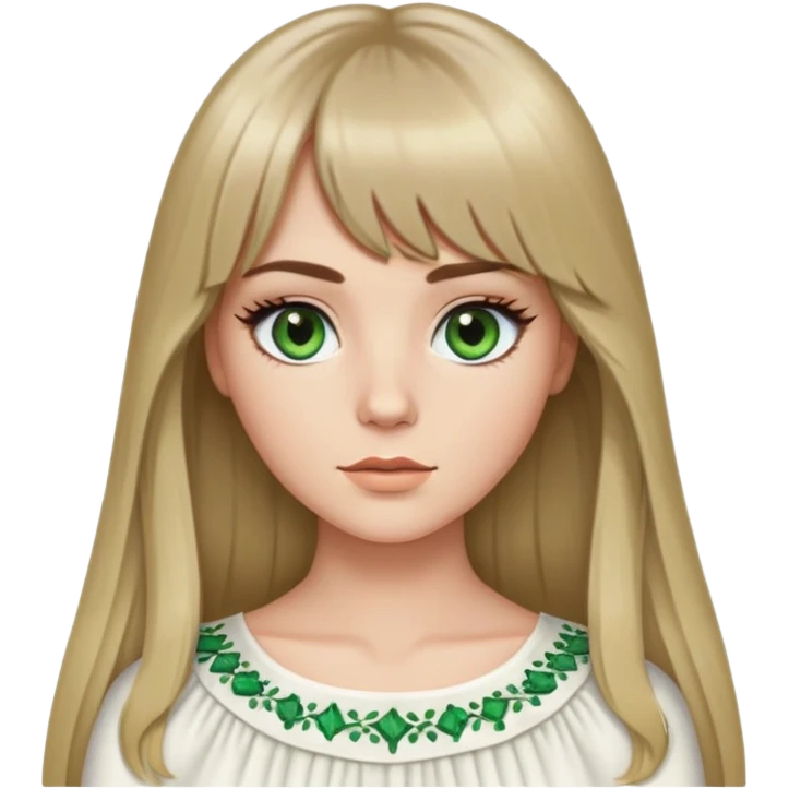 White girl with long darkblonde hair, curtain bangs, A middle part and green almond eyes, long black lashes and a white top emoji