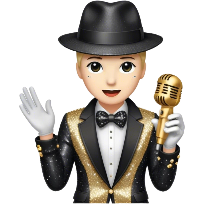 Create a dynamic emoji representing pop vocal performance with a vintage microphone as the centerpiece, surrounded by iconic elements of Michael Jackson's stage attire. Include the signature black sequined jacket, white gloves with rhinestones, and a fedora hat placed next to the mic, evoking the style and energy of classic pop performances. Add subtle sparkles or light effects around the microphone and the clothing to reflect the glamorous, energetic atmosphere of a pop concert. Use bold colors like black, silver, and gold to convey the showmanship and sophistication of pop music. The background should be transparent. emoji