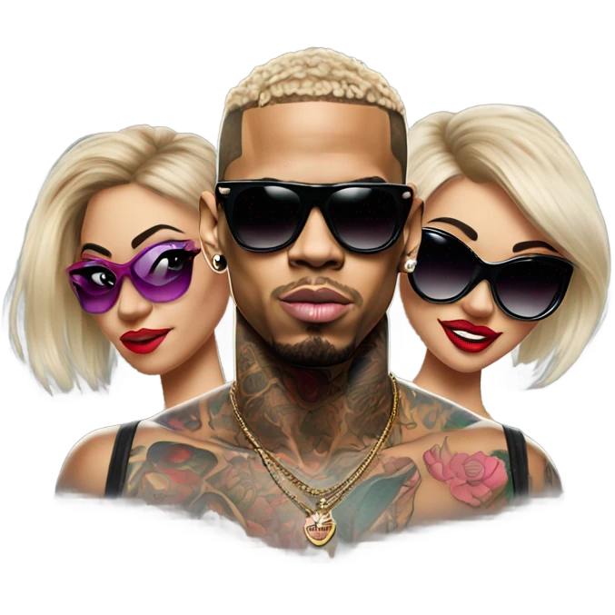 Hyper Realistic Chris Brown  wearing sunglasses with 2 female tattooed dancers emoji