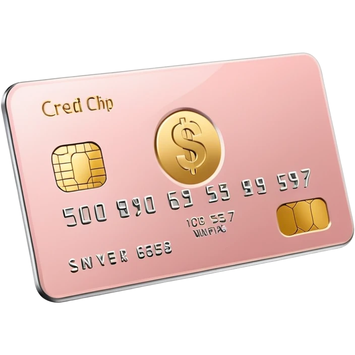 Blush pink credit card with gold chip and silver embossed numbers, minimal design, no logos, soft 3D style. emoji