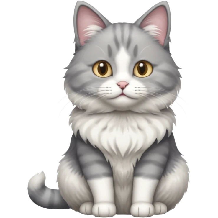 a realistic looking very fluffy grey and white cat sitting up straight emoji