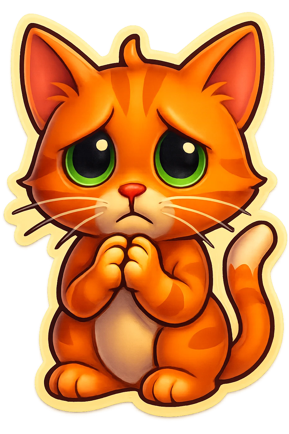 Bring the cat's paws up so they are touching each other just below the chin. Make the face look even sadder, with more expressive disappointment. Keep the style and transparent background. emoji