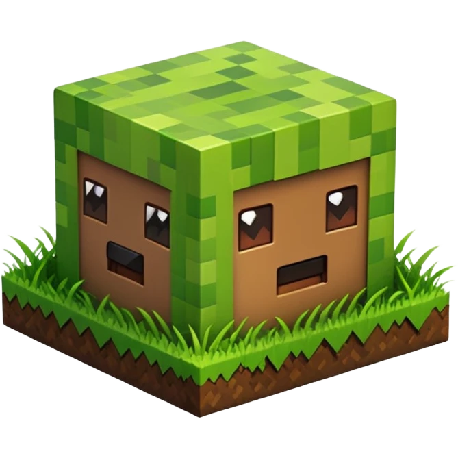 A 3D Apple-style emoji of a Minecraft grass block, cubic shape, with bright green grass on top and brown soil with pixel texture on the sides, simple and cute cartoon design. emoji