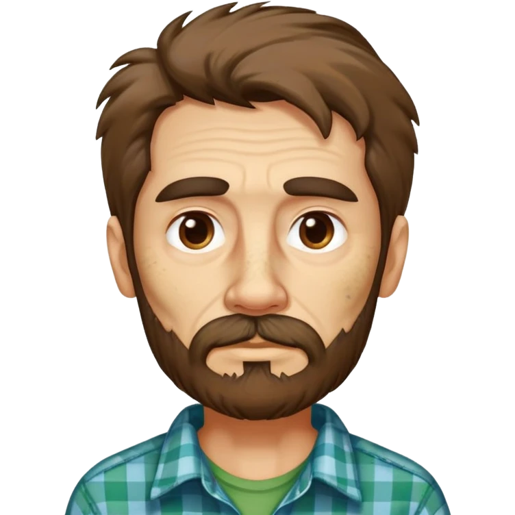 Skinny Hispanic man, 55 years old with light skin. Gaunt face with visible bone structure. Messy, tousled brown hair. Patchy brown beard that needs trimming. Tired eyes. Wearing an oversized green and blue checkered shirt on his thin frame. emoji