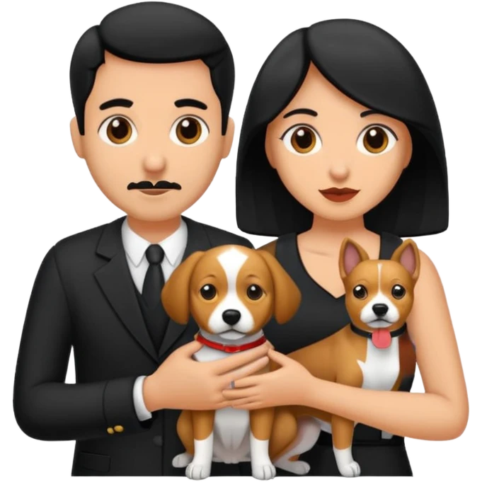 Pareja hombre y mujer, pelo negro ambos, y con dos perritos pincher en sus brazos emoji