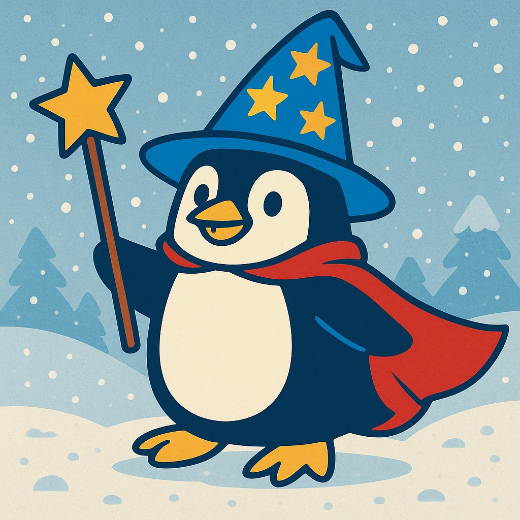 Add a snowy background behind the penguin wizard, keeping the fun and whimsical style intact. emoji