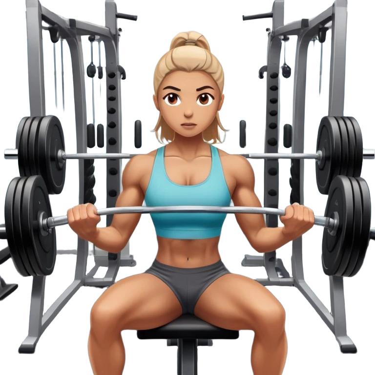 A focused athlete working out on a strength training machine in a modern gym. Muscles engaged, expression determined, demonstrating power and endurance. The gym is filled with equipment like dumbbells, barbells, and mirrors reflecting effort, creating a high-energy atmosphere. emoji