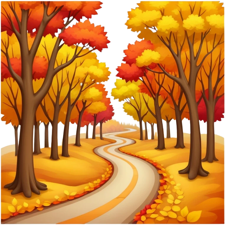 A winding road through a path of autumn colored trees￼ emoji