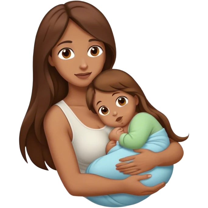 Chica trigueña con el cabello color marrón cabello largo con su bebé en brazos  emoji