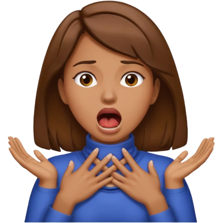 the woman emoji with brown hair and tan skin choking herself out with both hands on her neck with her mouth open emoji