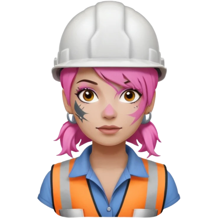 construction worker woman pink hair, white helmet and face tattoo emoji