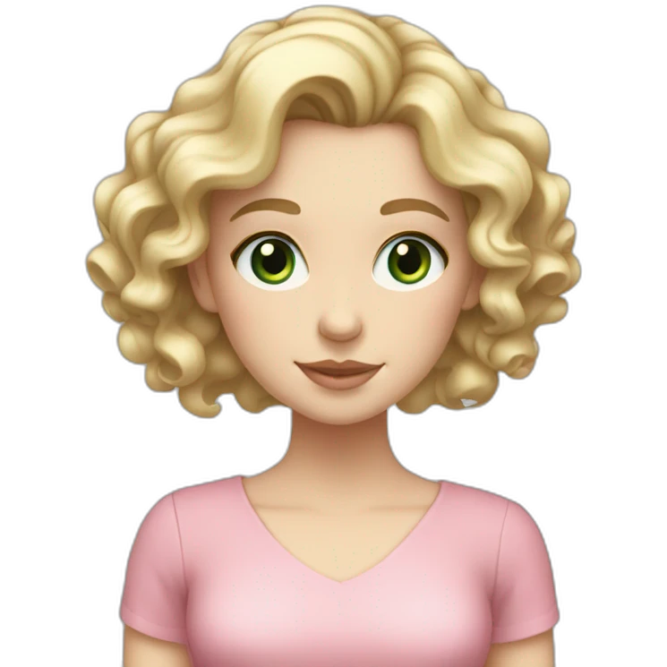 White girl with round face, long curly blonde hair grey-green eyes, pink dress emoji