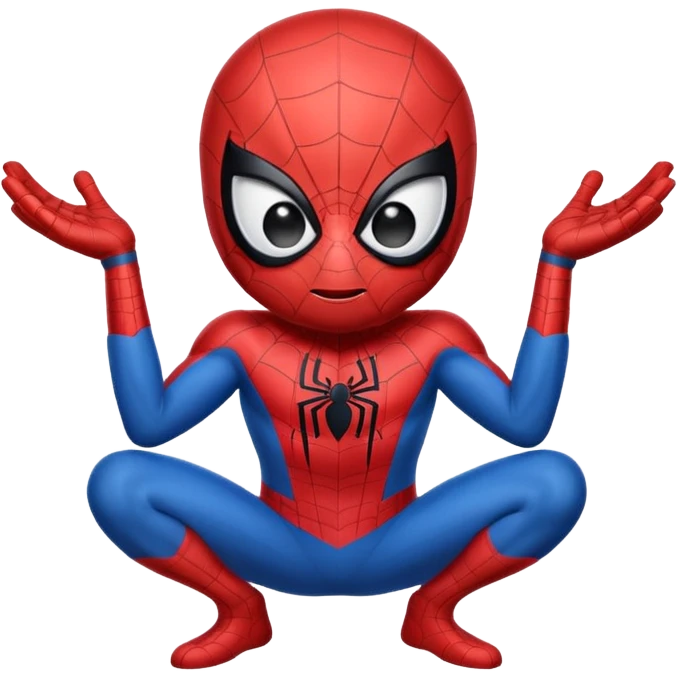 A cute caricature Spider-Man emoji, chibi style, oversized head and tiny body, big expressive white eyes, simplified red and blue suit, thick black outlines, glossy cartoon shading, friendly playful expression, clean vector style, centered face, emoji-sized, transparent background emoji
