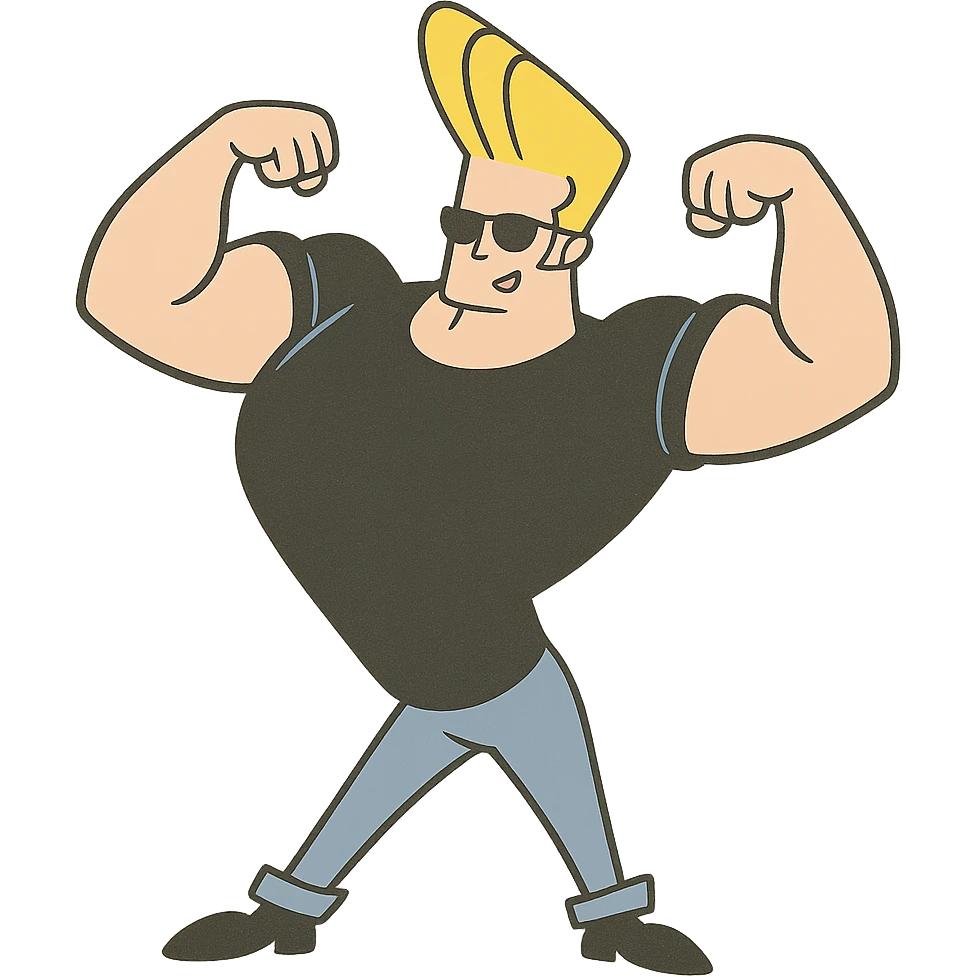 johnny bravo cartoon character, striking a pose with arms flexed, exaggerated muscles, cartoon style emoji