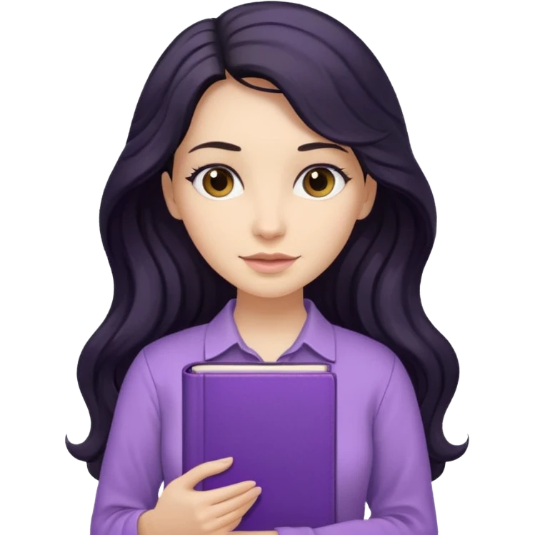 Long Hair Women with purple Book, Black wavy hair, beige shir, without background emoji