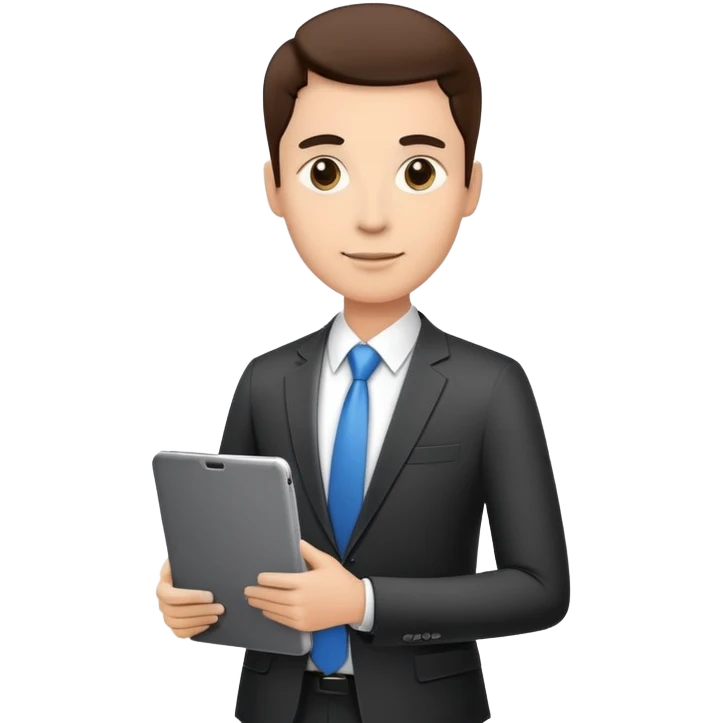 ceo executive confidently, holding a digital tablet or folder, wears smart business attire emoji