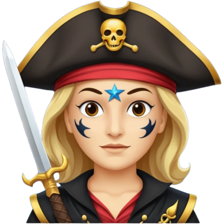 Um emoji com um pirata com uma máscara com cor de galáxia e uma estrela de galáxia e um espada cor galáxia emoji