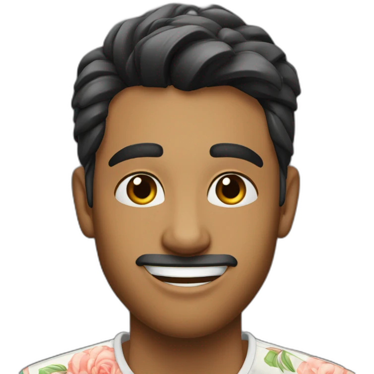 Indian 23 year old male with fair complexion with full b,sharp nose, white floral shirt, winking  emoji