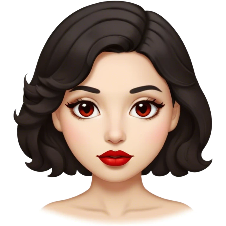 A dark-hair woman slightly curled, with light skin, almond shaped eyes, red lipstick. She has 2 beauty marks : a beauty mark on the right cheek and a beauty mark just above the lip on the left side emoji