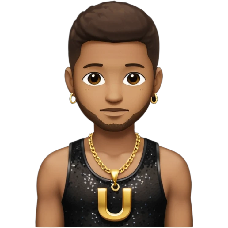 Usher with dark brown hair, black sequin tank top, necklace with letter u emoji