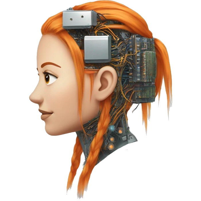 Head of female cyborg with long orange hair and circuits emoji